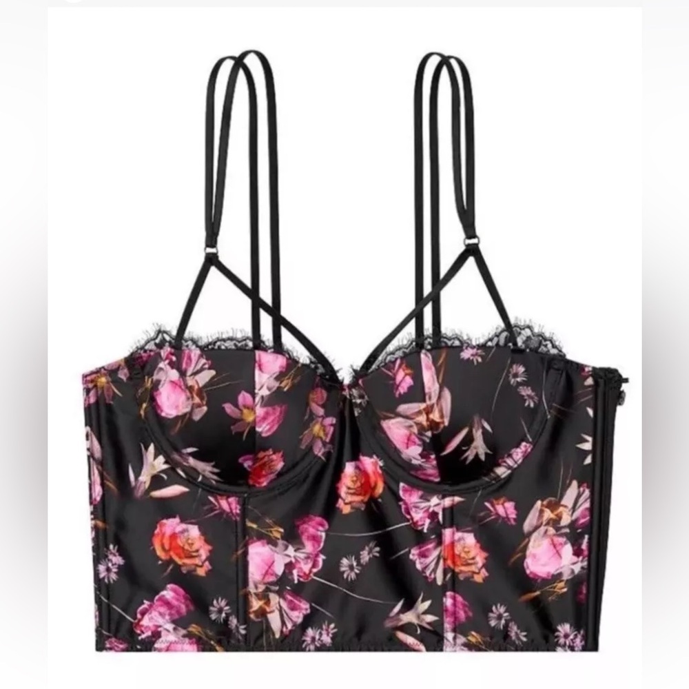 Victoria’s Secret Black Floral Very Sexy Lightly Lined Bustier 34C side zip NEW